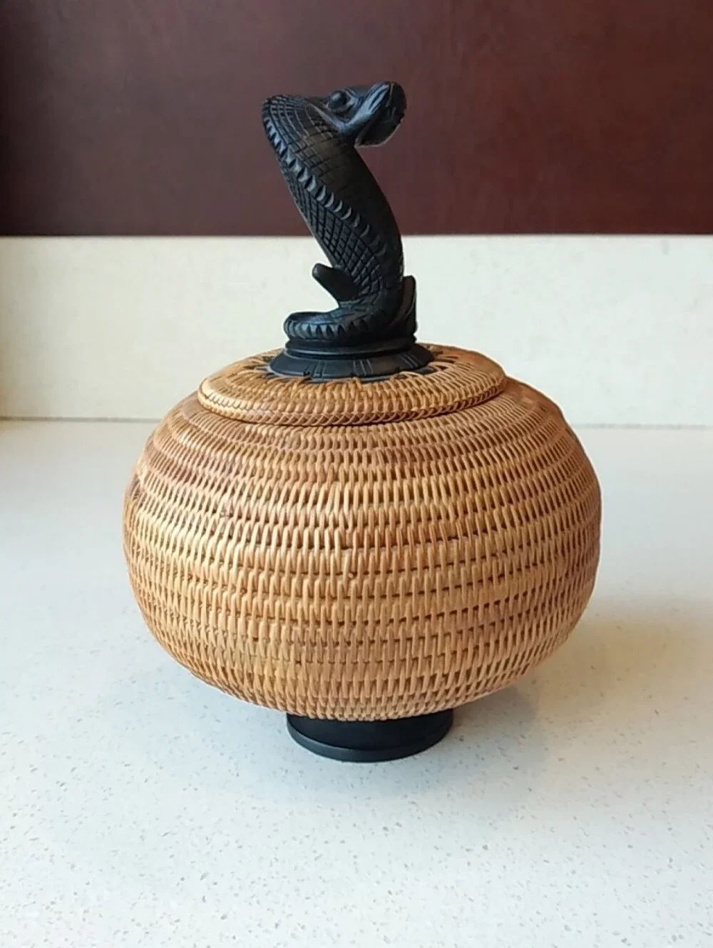 Fine Weaved Wicker Basket With Lid-Carved Wood Lizzard Handle, From Jakarta-Boho